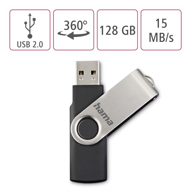 Hama rotate FlashPen, USB 2.0, 128 GB, 6 MB/s, black/silver