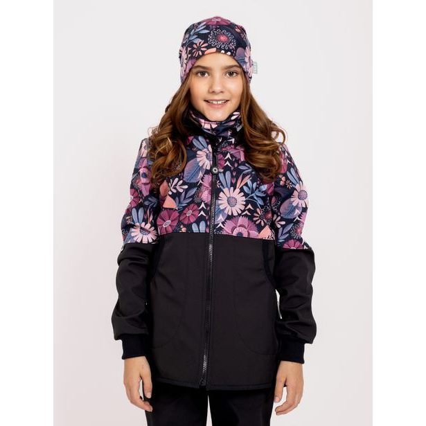 Unuo, Dívčí softshellový kabát s fleecem Street, Černá, Kouzelné květiny