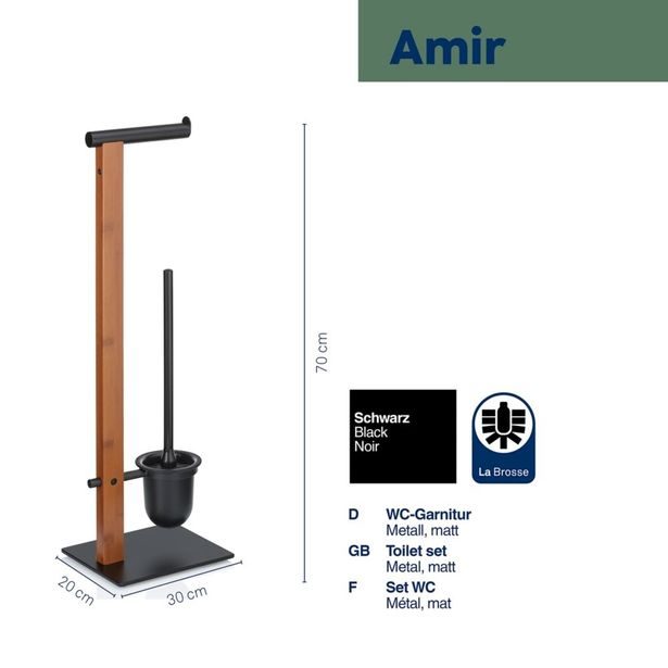 KELA WC sada Amir kov/bambus černá/hnědá 22x18x70 cm KL-22573