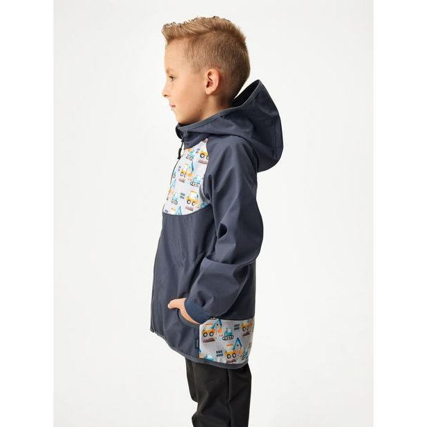 Unuo, Dětská softshellová bunda bez zateplení Basic, Tm. Šedá, Bagry