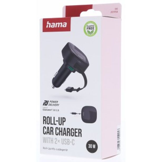 Hama rychlá USB nabíječka do vozidla, 2x USB-C, PD 30 W, navíjecí kabel
