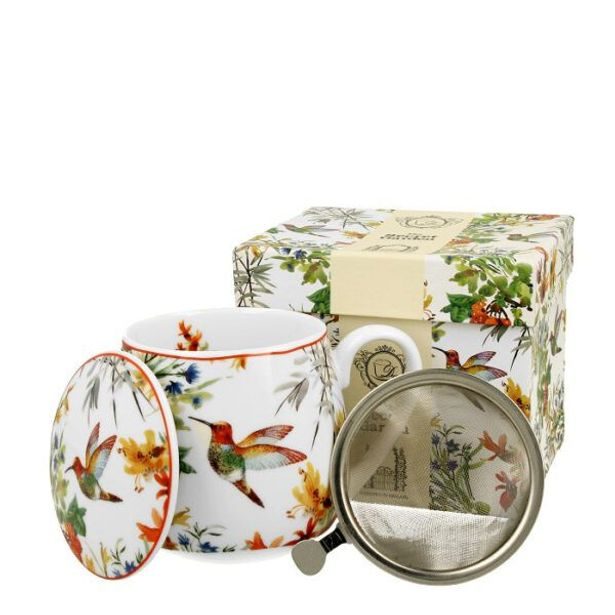 hrnek 430ml baňatý LINNEA kolibřík+víčko+sítko NR, porcelán, DB