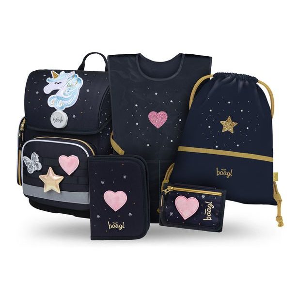 BAAGL SET 5 Ergo Unicorn Gold: aktovka, penál, sáček, zástěra, peněženka