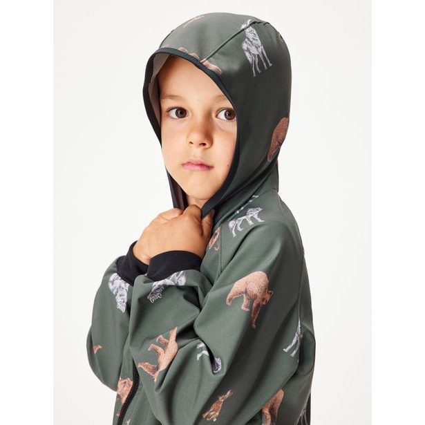 Unuo, Dětská softshellová bunda s fleecem Basic, Khaki, Lesní zvířata