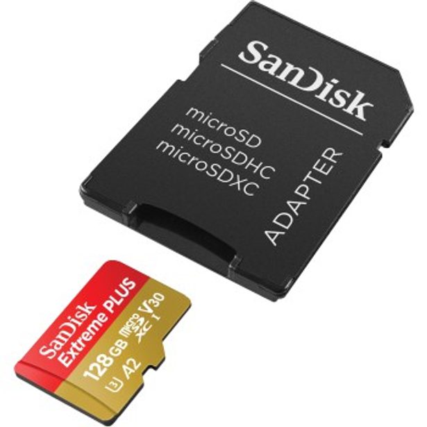 SanDisk Extreme PLUS microSDXC 128 GB + SD Adapter 200 MB/s and 90 MB/s A2 C10 V30 UHS-I U3