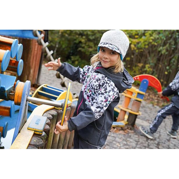 Unuo, Svetrovinová čepice s kšiltem, Melír sv. šedá, Květinky (knit fabric cap, light grey melange, flowers)