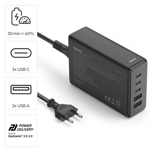 Hama USB nabíjecí stanice GaN, 3x USB-C PD, 2x USB-A (1x QC), 140 W