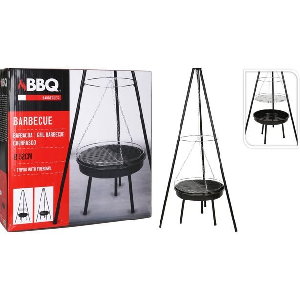 BBQ Gril na dřevěné uhlí závěsný na trojnožce pr. 48 cm KO-C83000490