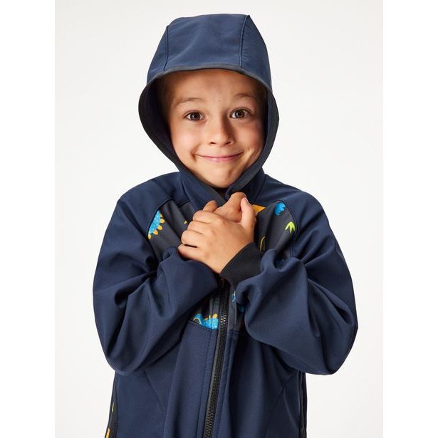 Unuo, Dětská softshellová bunda s fleecem Basic, Tm. Modročerná, Dinosauři