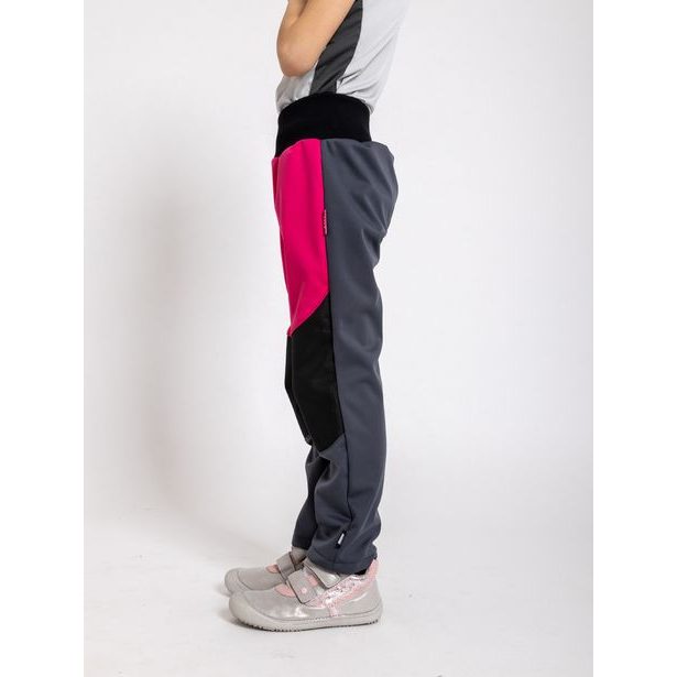 Unuo, Dětské softshellové kalhoty s fleecem pružné Flexi, Tm. Šedá, Fuchsiová