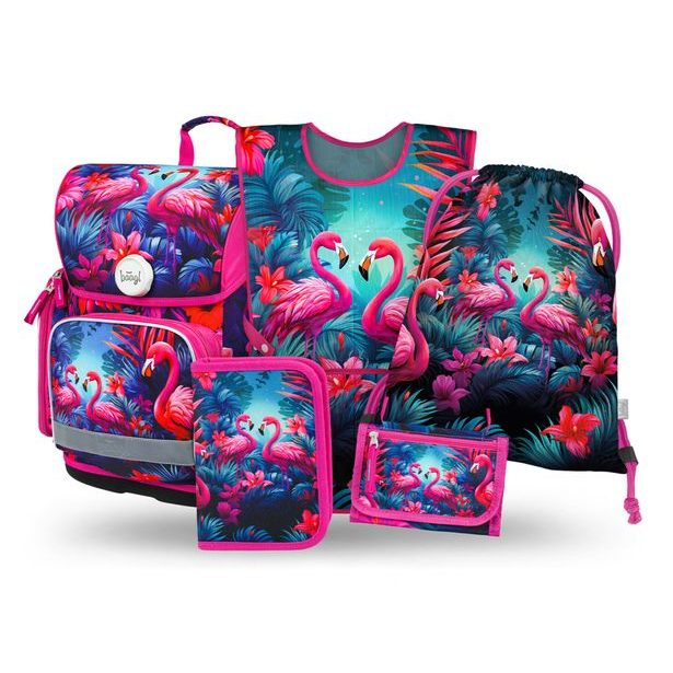 BAAGL SET 5 Ergo Plameňáci: aktovka, penál, sáček, zástěra, peněženka