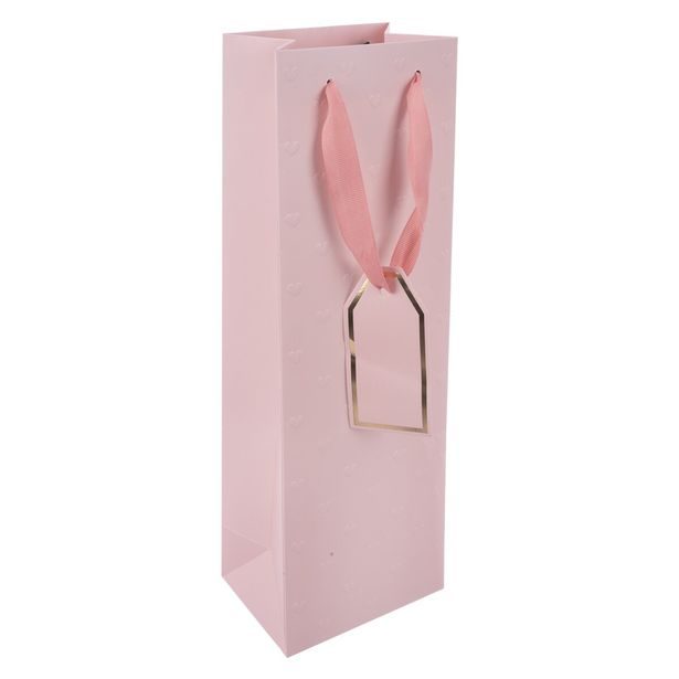 O Taška papír dárková vytlač. srdíčka na víno 12x9x36 cm růžová