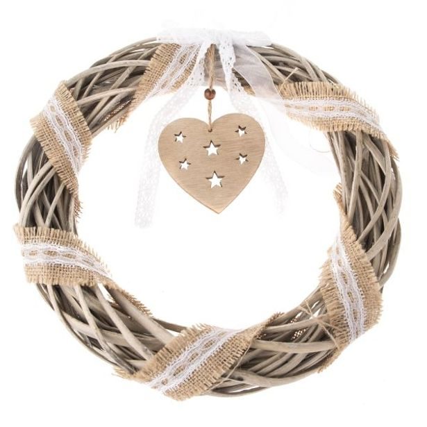 věnec d30x6cm se SRDCEM, závěs, přírodní, proutěný