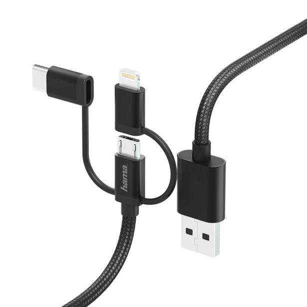 Hama USB kabel 3v1, micro USB / USB-C / Lightning, 1,5 m