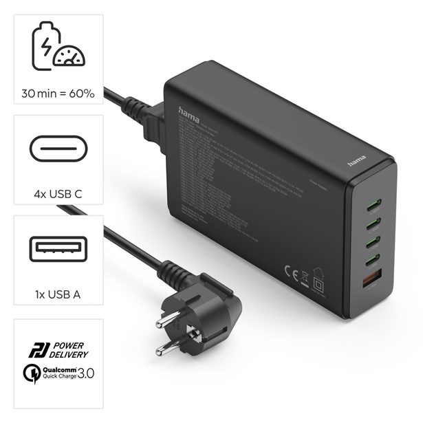 Hama USB nabíjecí stanice GaN, 4x USB-C PD, 1x USB-A QC, 240 W