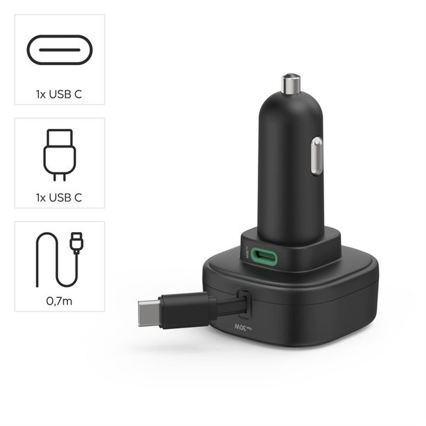 Hama rychlá USB nabíječka do vozidla, 2x USB-C, PD 30 W, navíjecí kabel
