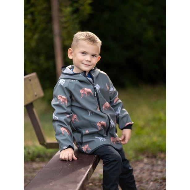 Unuo, Dětská softshellová bunda s fleecem Basic, Khaki, Lesní zvířata