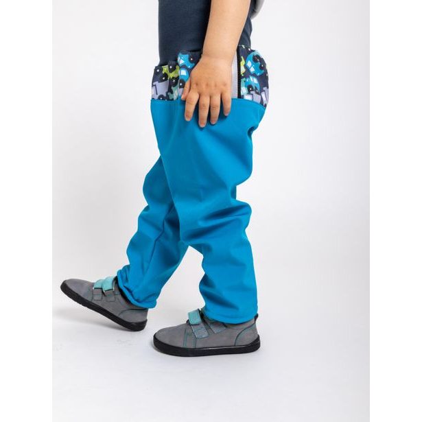unuo Batolecí softshellové kalhoty s fleecem Autíčka tyrkysové (Softshell toodler trousers)