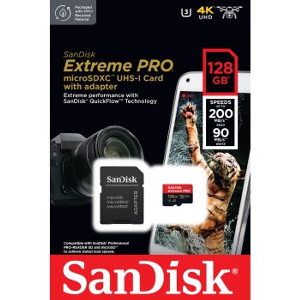 SanDisk Extreme PRO microSDXC 128 GB + SD Adapter 200 MB/s and 90 MB/s A2 C10 V30 UHS-I U3