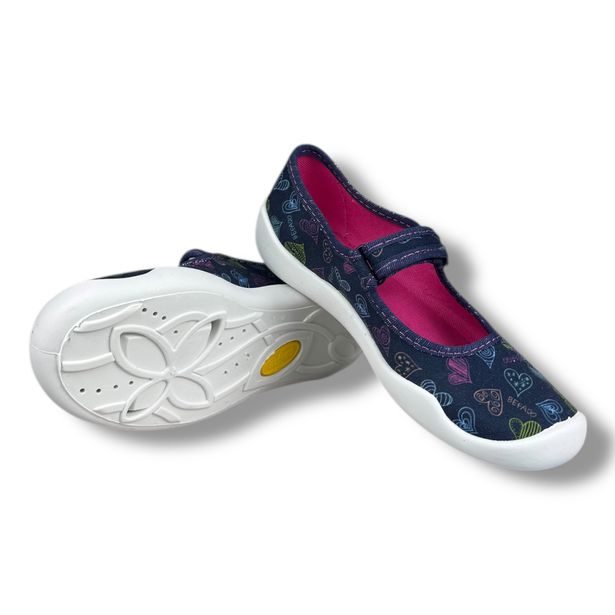 Dívčí balerínky, domácí obuv Befado - modré, srdíčka