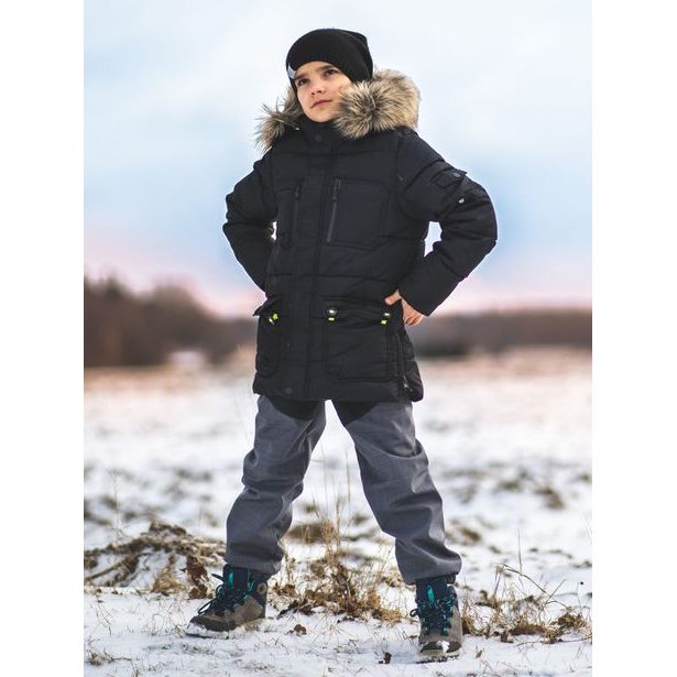 Unuo, Dětské softshellové oteplovačky s fleecem, Černá, Žíhaná Antracitová