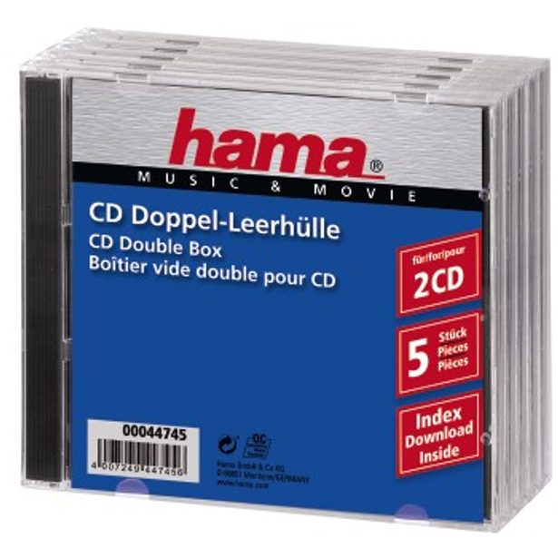 Hama CD Double box, standardní obal na 2 CD/DVD, průhledný/černý, balení 5 ks (cena za balení)