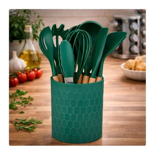 ALPINA Kuchyňské náčiní s bambusovou rukojetí ve stojanu 12 ks 32 cm mátově zelená ED-233242
