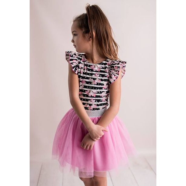 Dětské body Lily Grey tm. modré a bílé pruhy s kytičkami