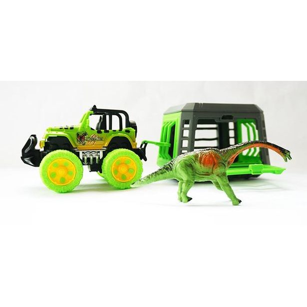 Jeep s přívěsem a dinosaurem