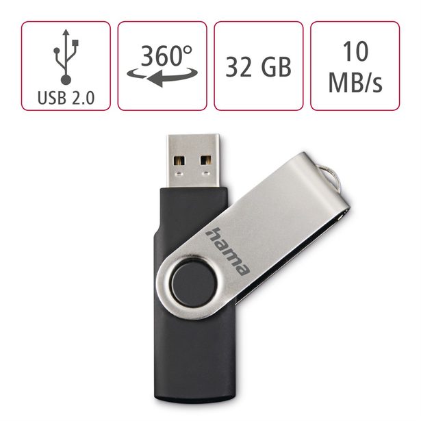 Hama rotate FlashPen, USB 2.0, 32 GB, 6 MB/s, black/silver