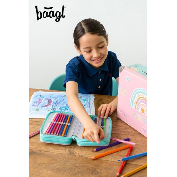 BAAGL Školní penál třípatrový Duha růžový