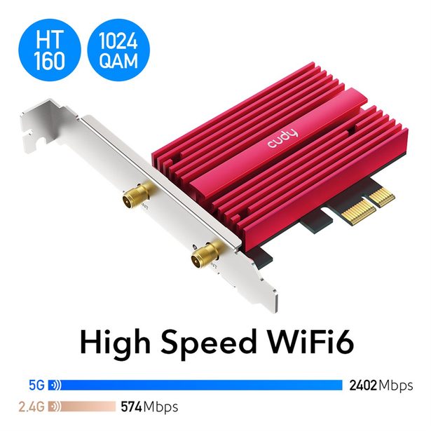 Cudy AX5400 Wi-Fi 6E PCI-Express síťová karta, Tri-Band, ext. anténa se stojánkem (WE4000)