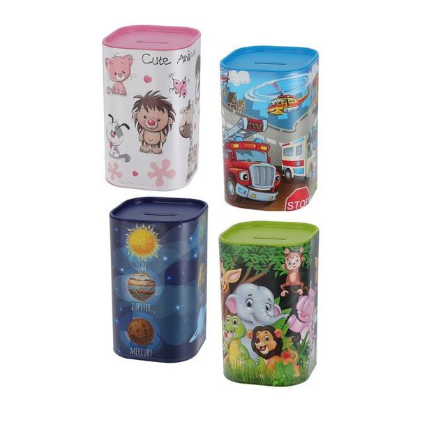 pokladnička ZVÍŘÁTKA 7,6x7,6x12cm, plast, otvír.