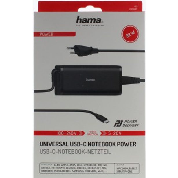 Hama USB-C napájecí zdroj, Power Delivery, 5-20 V, 92 W