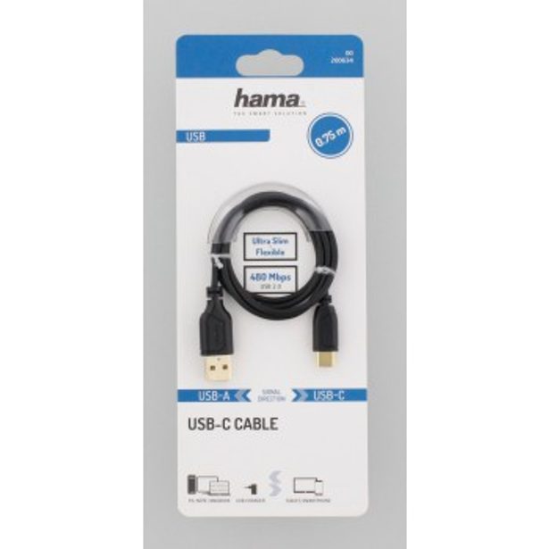 Hama USB-C 2.0 kabel typ A-C 0,75 m, Flexi-Slim, černý