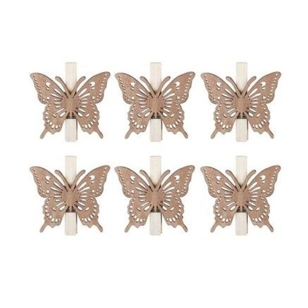 dekorace MOTÝL na kolíčku, 6cm, 6ks, dřevo