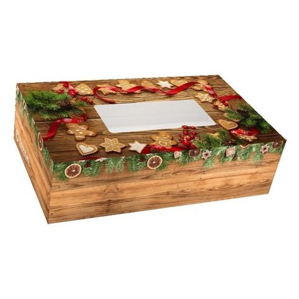 krabička na cukroví, imit.DŘEVO 25x15x7cm, okénko, papír