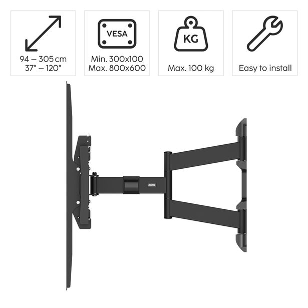 Hama nástěnný držák TV až 120", 800x600, pohyblivý, 100 kg