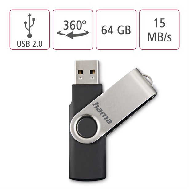 Hama rotate FlashPen, USB 2.0, 64 GB, 6 MB/s, black/silver