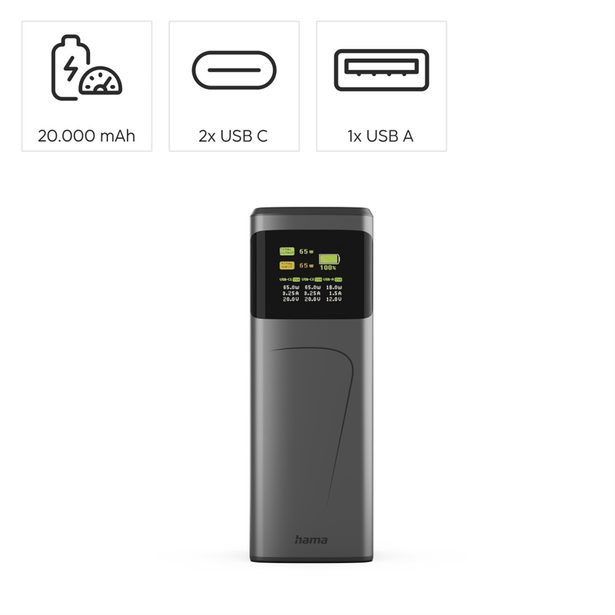 Hama High Power 65 W, powerbanka, 20000 mAh, 2x USB-C, 1x USB-A, PD, QC, displej