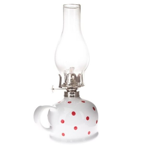 lampa petrol. d11x28cm, bílá+červ.puntík, porcelán/sklo