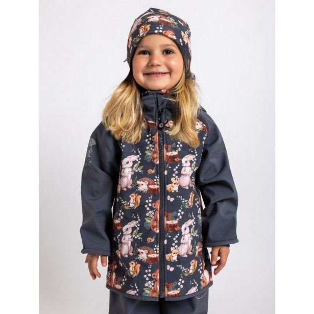 Unuo, Dětská softshellová bunda s fleecem, Tm. Šedá, Zajíček