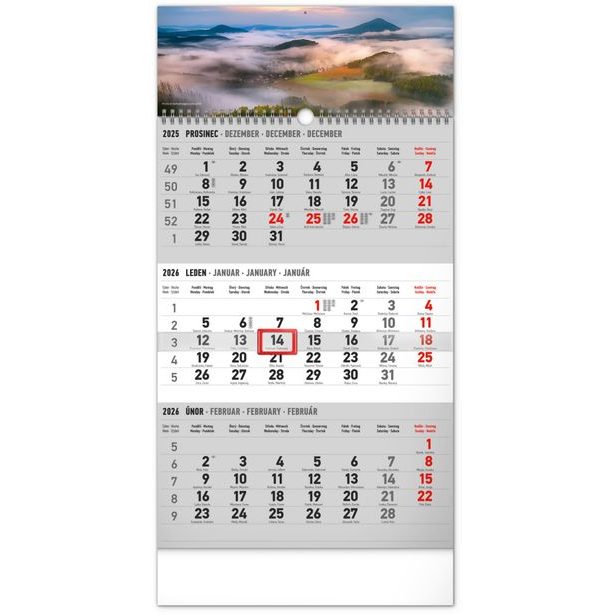 NOTIQUE Nástěnný kalendář 3měsíční Krajina šedý – s českými jmény 2026, 29,5 x 43 cm