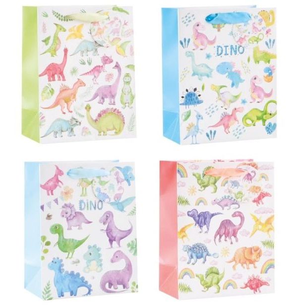 taška dárk. M, DINO s glitry, DĚTSKÁ, 4 barvy, 23x18x10cm, papír