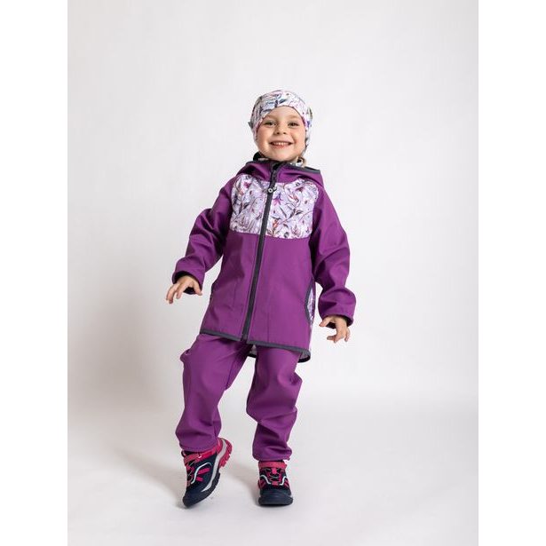 Unuo, Batolecí softshellové kalhoty s fleecem, Ostružinová + reflexní obrázek Evžen (Softshell toodler trousers)