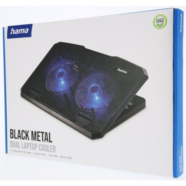 Hama chladicí stojan pro notebook Black Metal, 2 ventilátory, naklápěcí, modré podsvícení, tichý