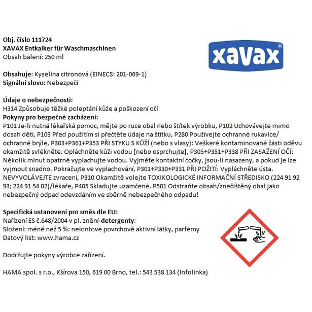 Xavax odstraňovač vodního kamene u praček, 250 ml