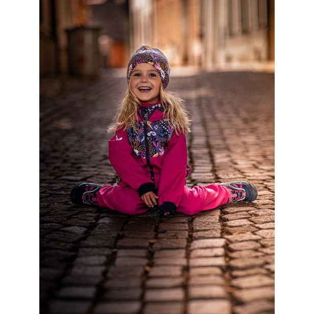 unuo Batolecí softshellové kalhoty s fleecem Fuchsiové + reflexní obrázek Evžen (Softshell toodler trousers)