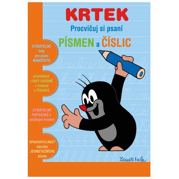 Stíratelný sešit "Procvičuj si písmena a číslice" + stíratelný popisovač - Krtek 2