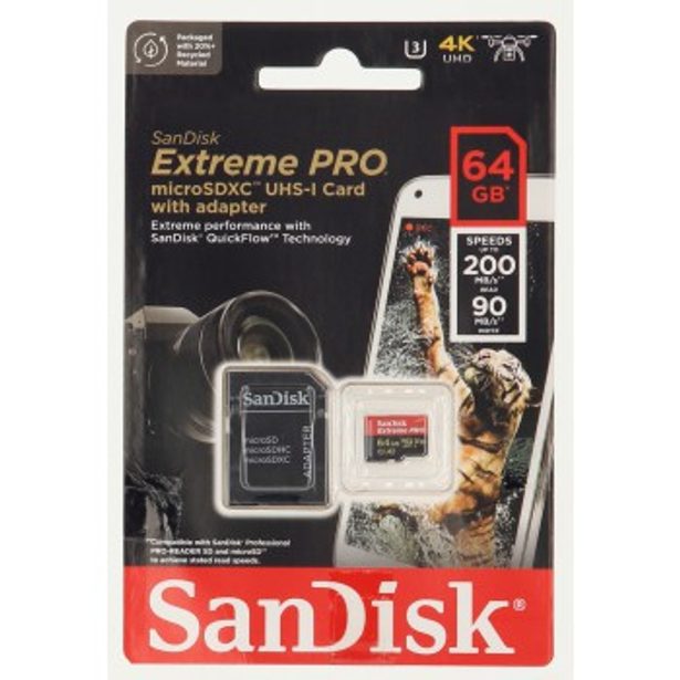 SanDisk Extreme PRO microSDXC 64 GB + SD Adapter 200 MB/s and 90 MB/s A2 C10 V30 UHS-I U3